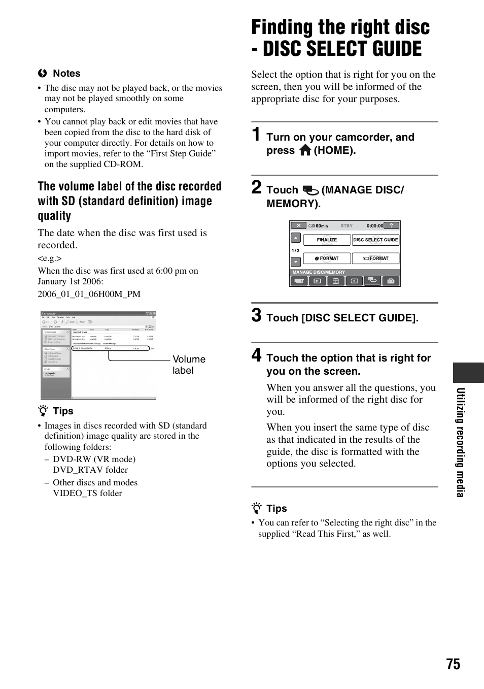 Finding the right disc - disc select guide, P. 75), E (p. 75) | Sony HDR-UX1 User Manual | Page 75 / 155