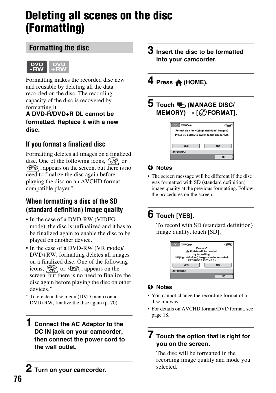 Deleting all scenes on the disc (formatting), At (p. 76), P. 76) | Sony HDR-UX1 User Manual | Page 76 / 155