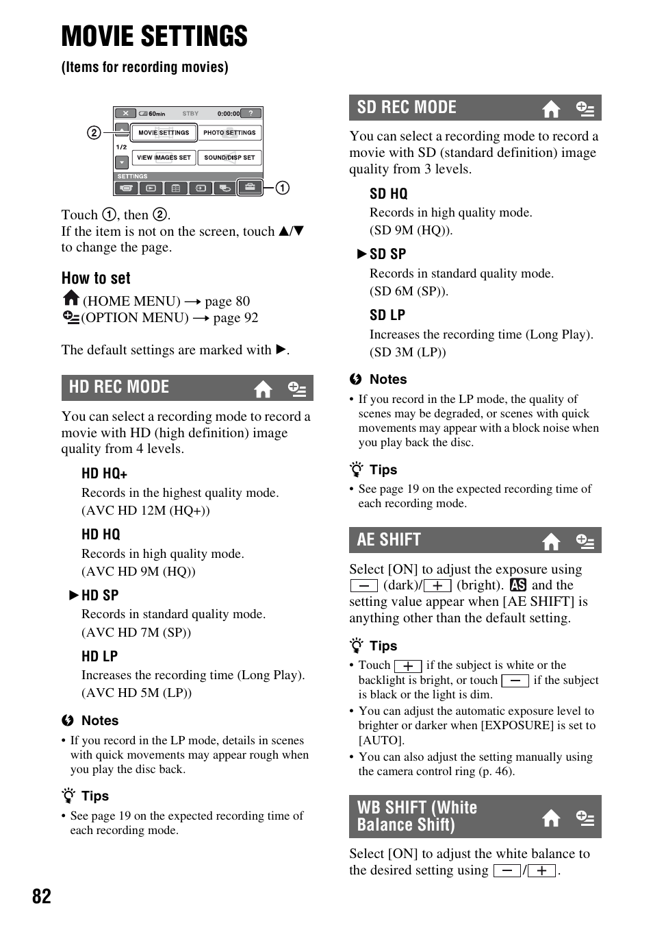 Movie settings, Items for recording movies), P. 82) | Hd rec mode | Sony HDR-UX1 User Manual | Page 82 / 155