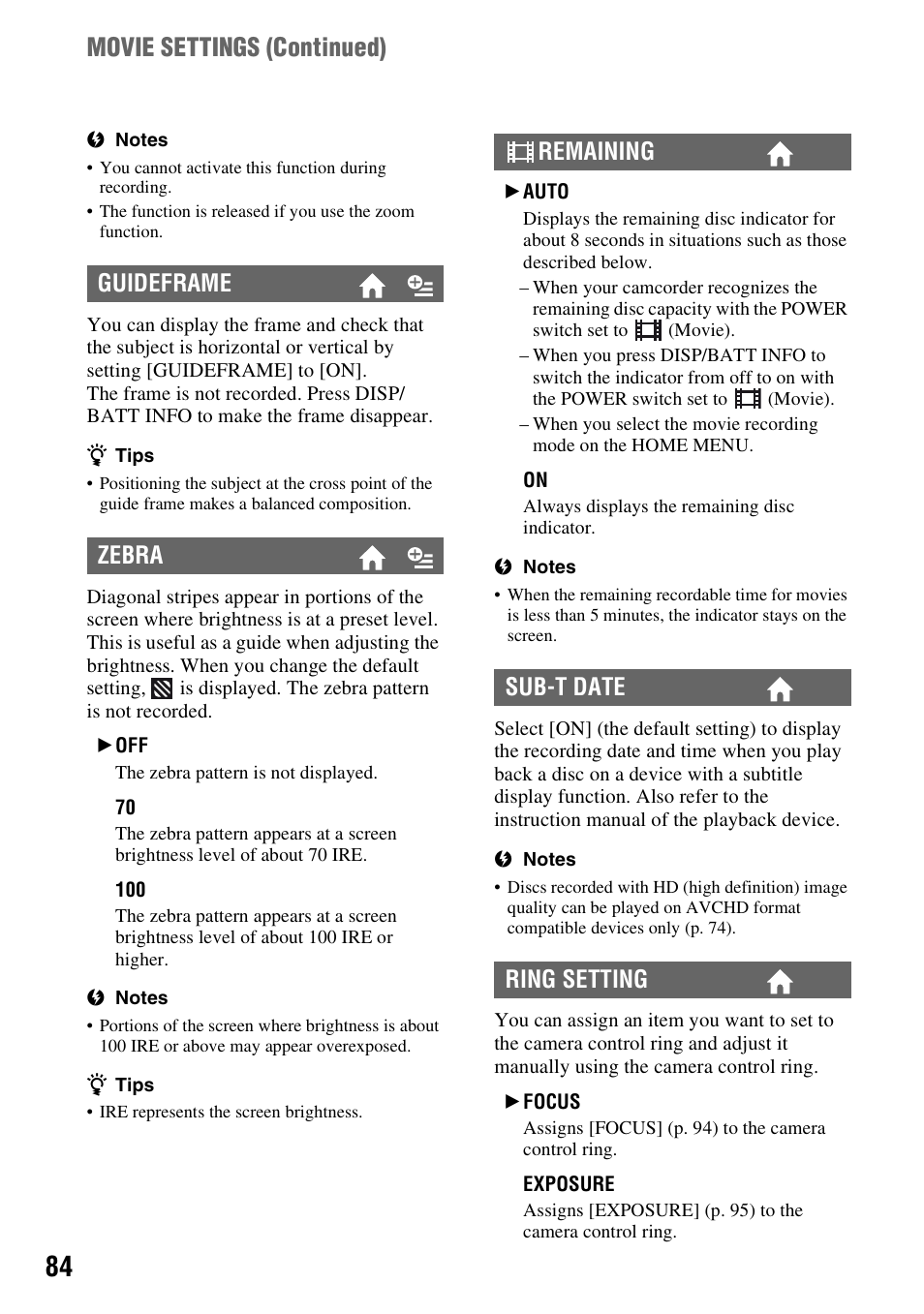 P. 84), Movie settings (continued), Guideframe zebra remaining sub-t date ring setting | Sony HDR-UX1 User Manual | Page 84 / 155