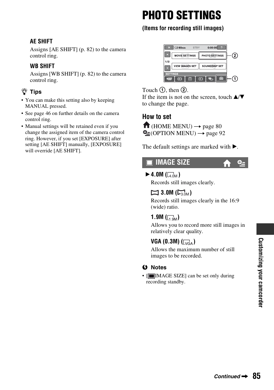 Photo settings, Items for recording still images), P. 85) | Image size | Sony HDR-UX1 User Manual | Page 85 / 155