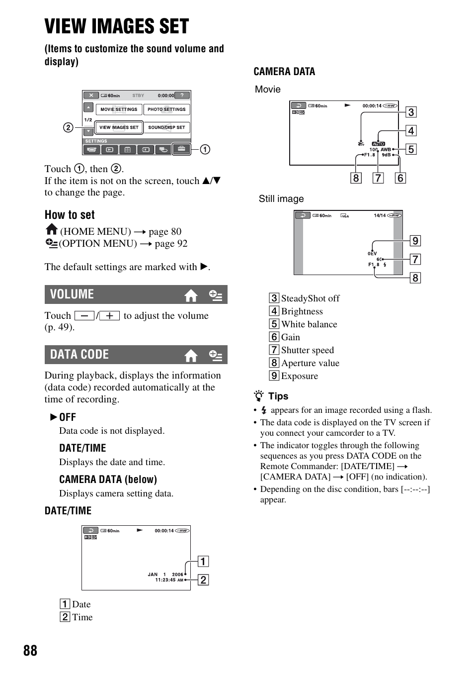 View images set, Items to customize the sound volume and display), Een (p. 88) | P. 88), Volume data code | Sony HDR-UX1 User Manual | Page 88 / 155