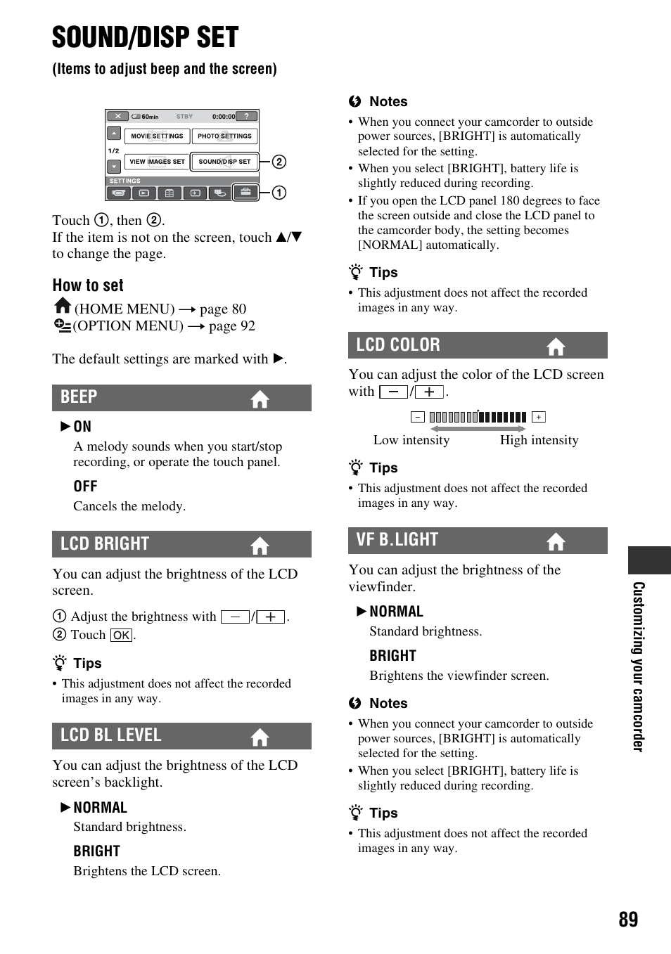 Sound/disp set, Items to adjust beep and the screen), P. 89) | Nu (p. 89), Beep lcd bright lcd bl level, Lcd color vf b.light | Sony HDR-UX1 User Manual | Page 89 / 155