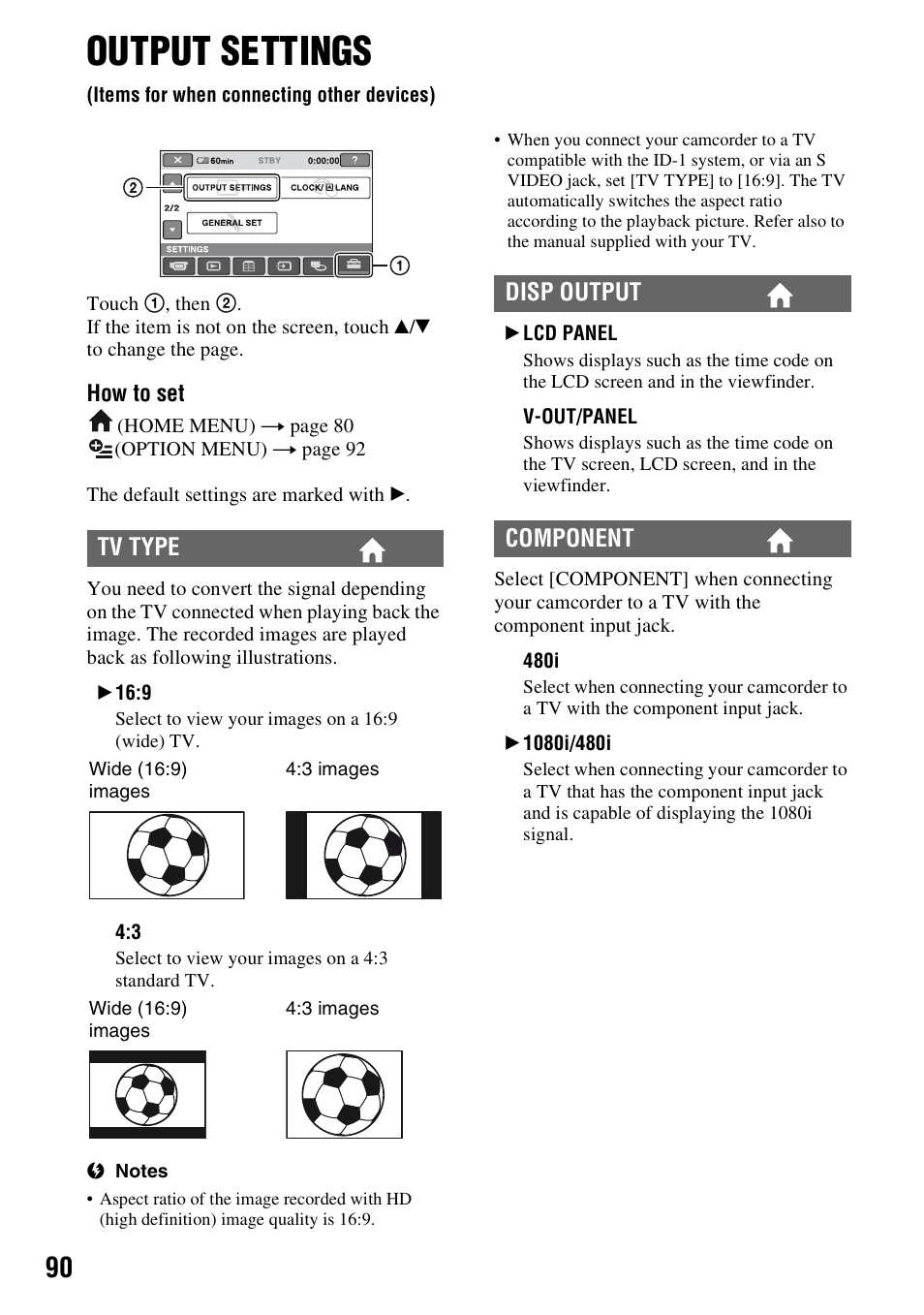 Output settings, Items for when connecting other devices), P. 90) | Nu (p. 90) | Sony HDR-UX1 User Manual | Page 90 / 155