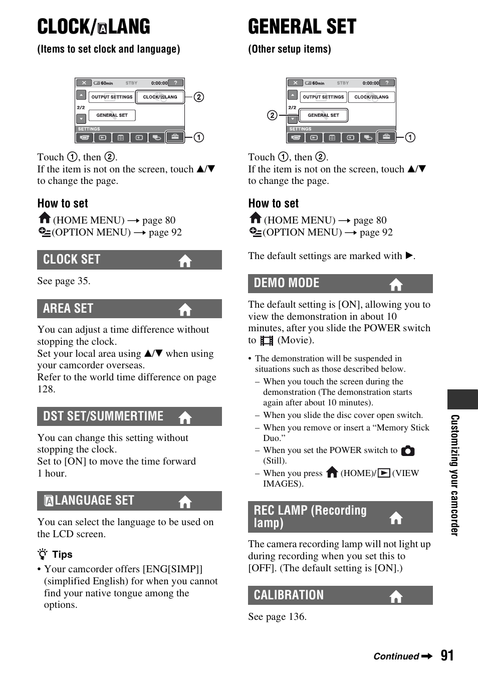 Clock/lang, Items to set clock and language), General set | Other setup items), Clock, P. 91, P. 91), Clock/ lang | Sony HDR-UX1 User Manual | Page 91 / 155