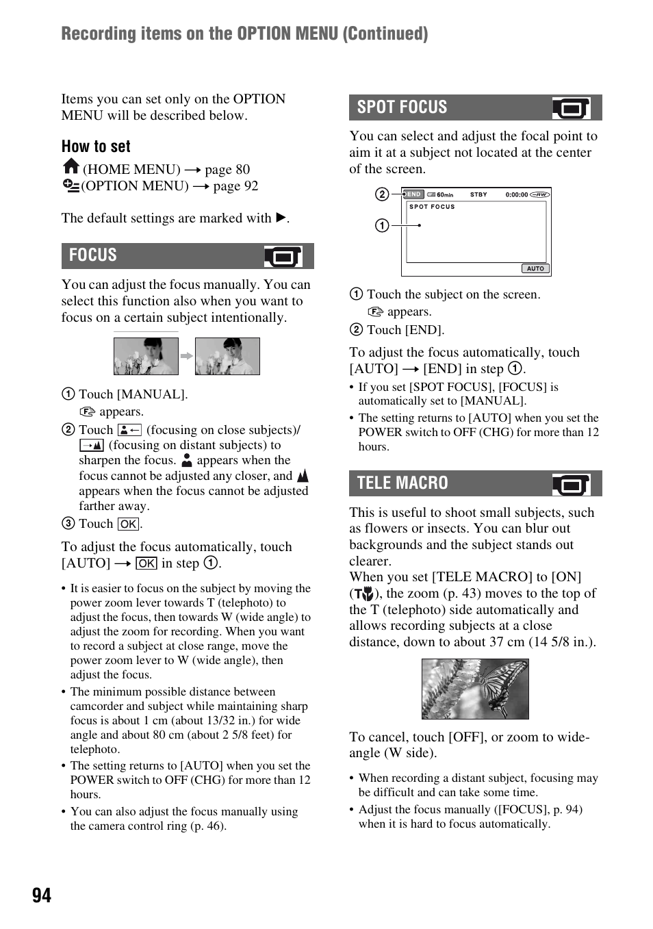 P. 94), Recording items on the option menu (continued), Focus spot focus tele macro | Sony HDR-UX1 User Manual | Page 94 / 155