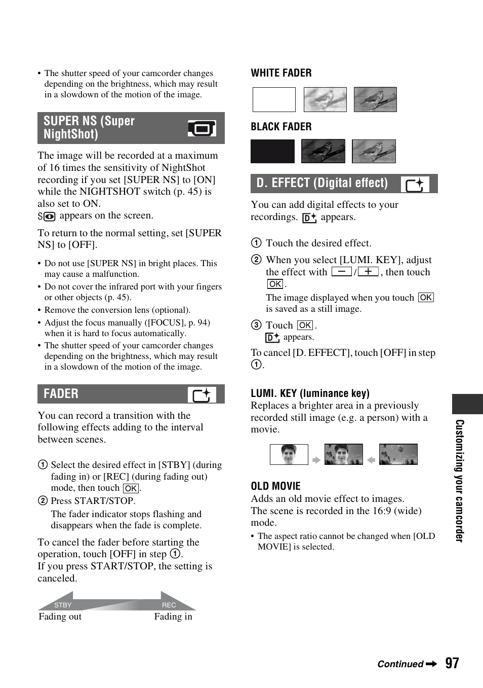 Ns] (p. 97) fun, Super ns (super nightshot) fader, D. effect (digital effect) | Sony HDR-UX1 User Manual | Page 97 / 155