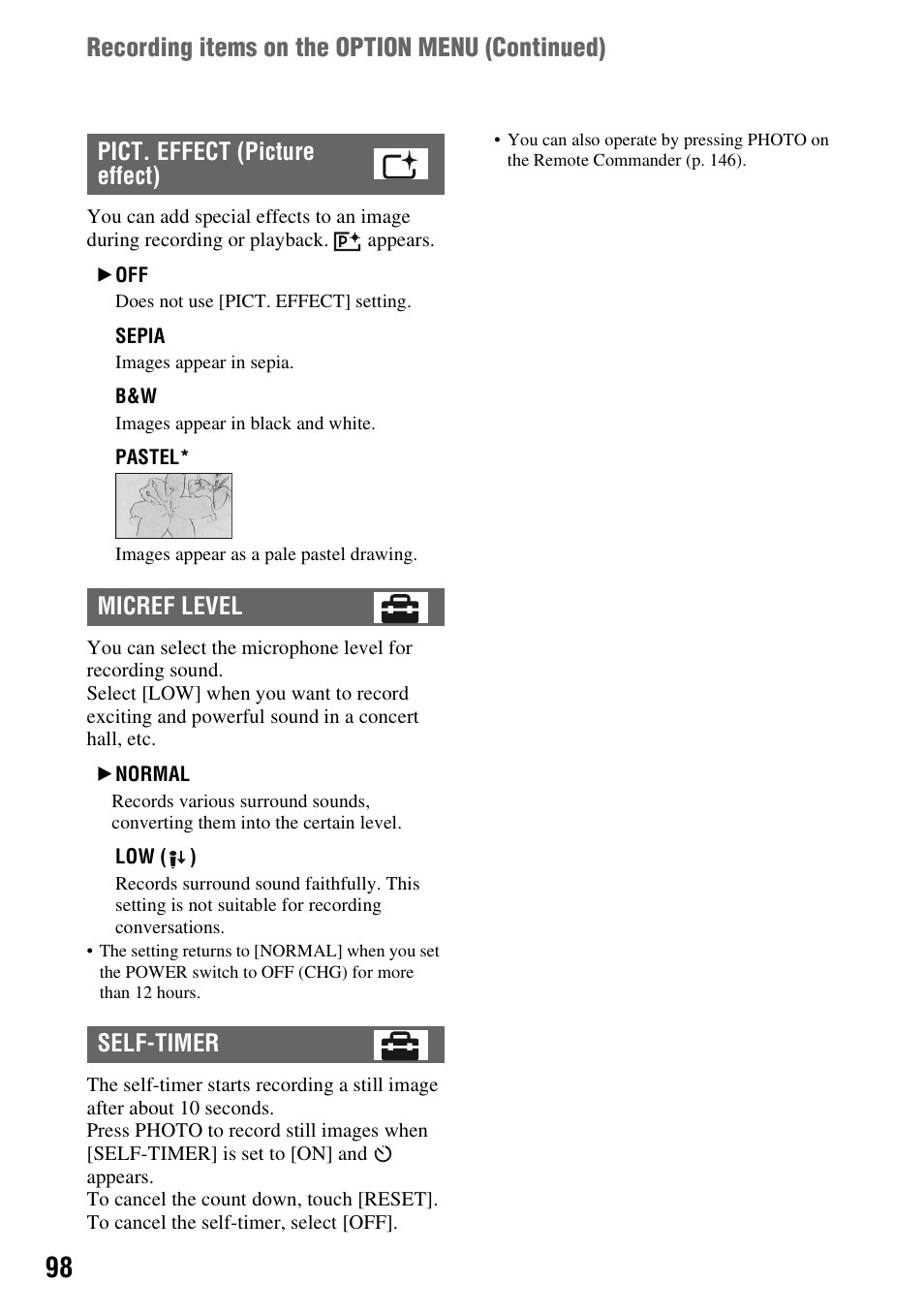 Recording items on the option menu (continued) | Sony HDR-UX1 User Manual | Page 98 / 155