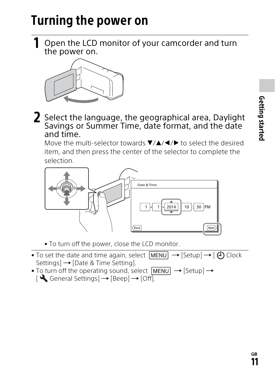 Turning the power on | Sony HDR-PJ275 User Manual | Page 11 / 32