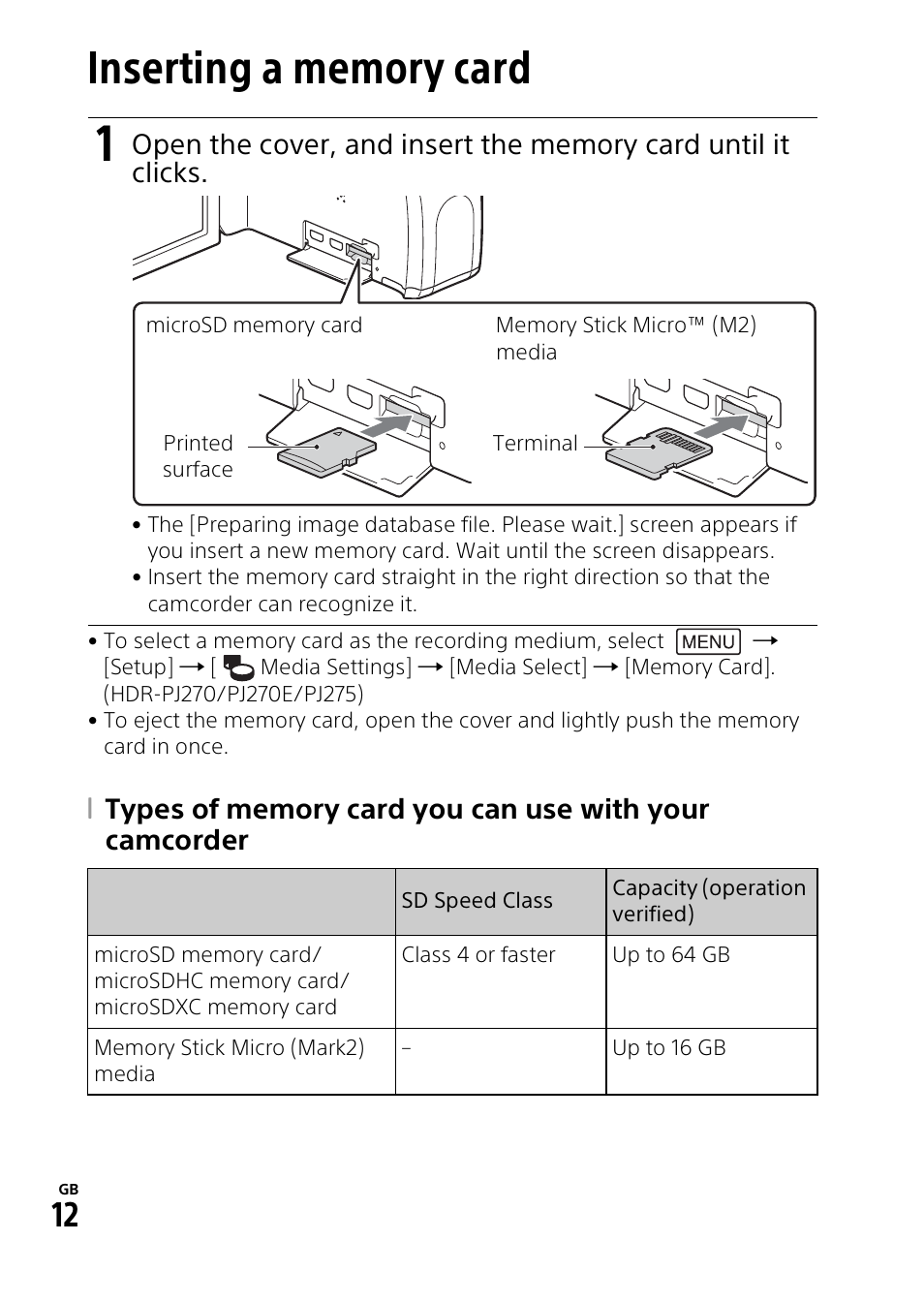 Inserting a memory card | Sony HDR-PJ275 User Manual | Page 12 / 32
