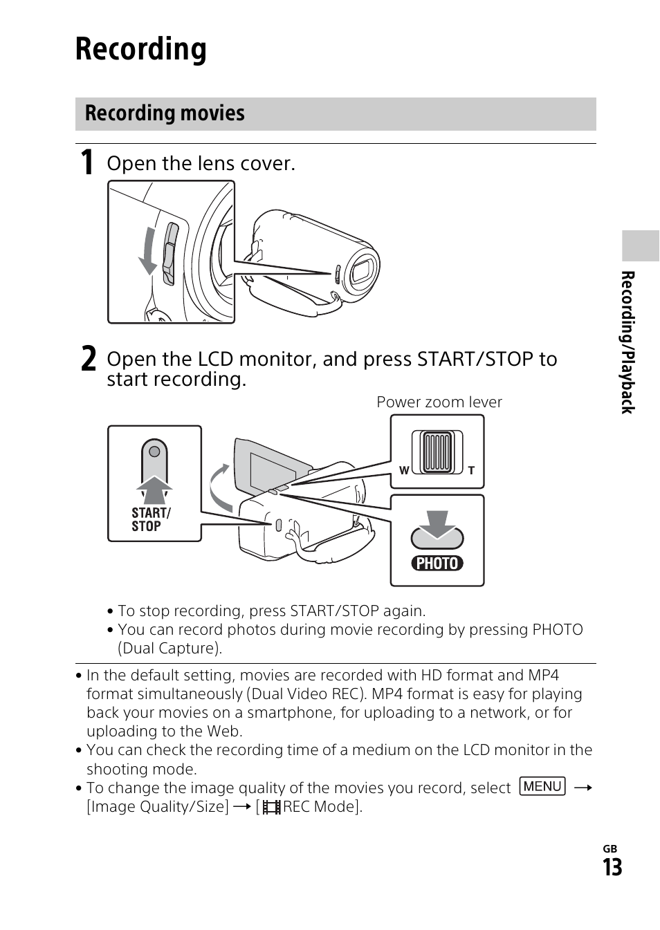 Recording/playback, Recording, Recording movies | Sony HDR-PJ275 User Manual | Page 13 / 32