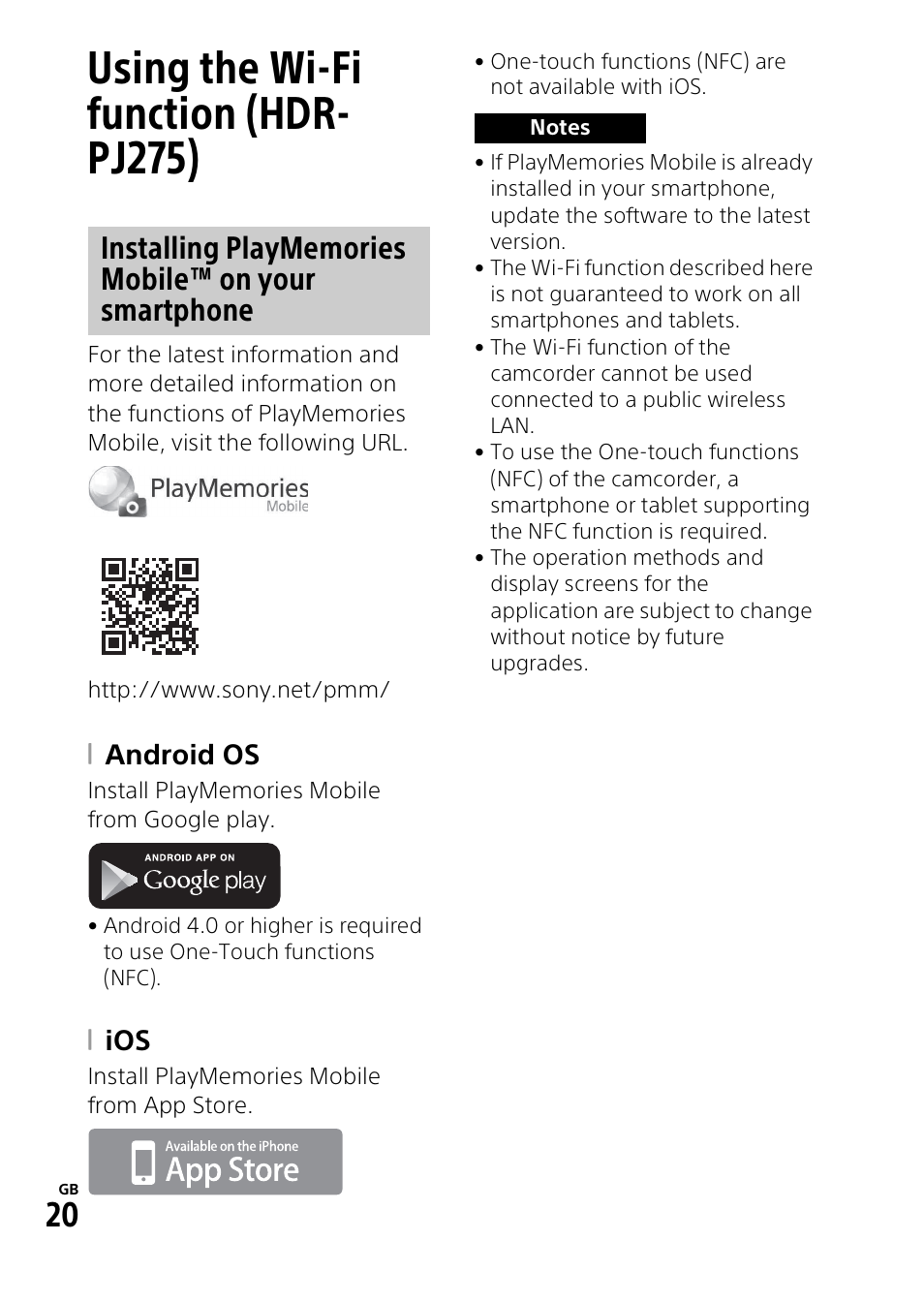 Using the wi-fi function (hdr- pj275), Using the wi-fi function (hdr, Pj275) | Android os | Sony HDR-PJ275 User Manual | Page 20 / 32
