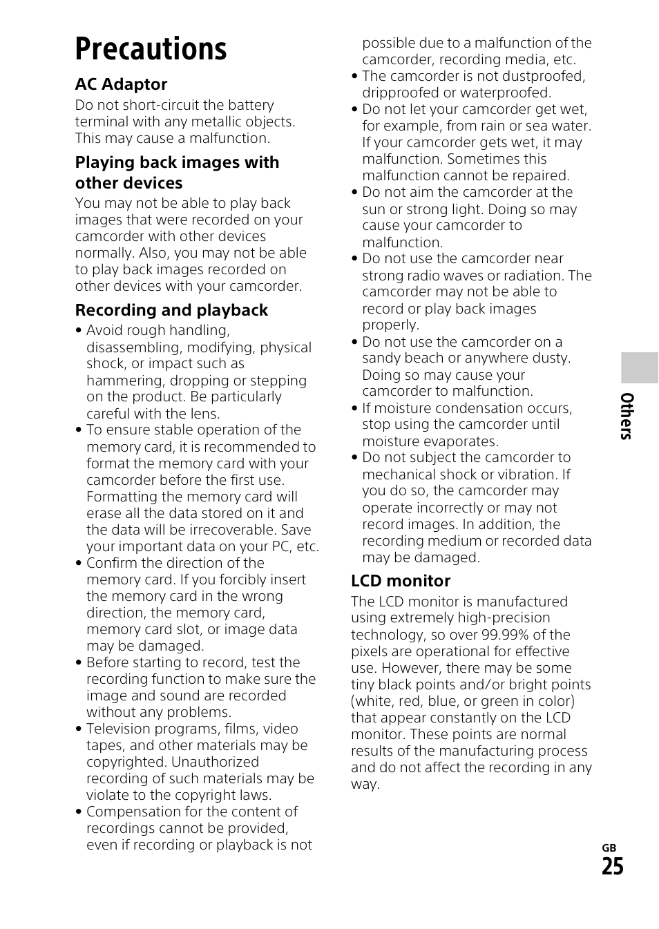 Others, Precautions | Sony HDR-PJ275 User Manual | Page 25 / 32