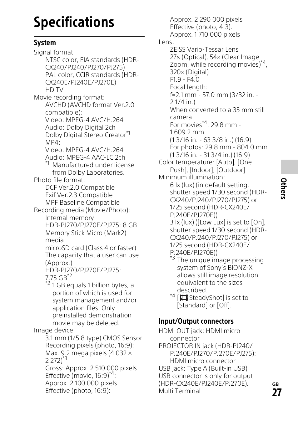 Specifications, Ot he rs | Sony HDR-PJ275 User Manual | Page 27 / 32