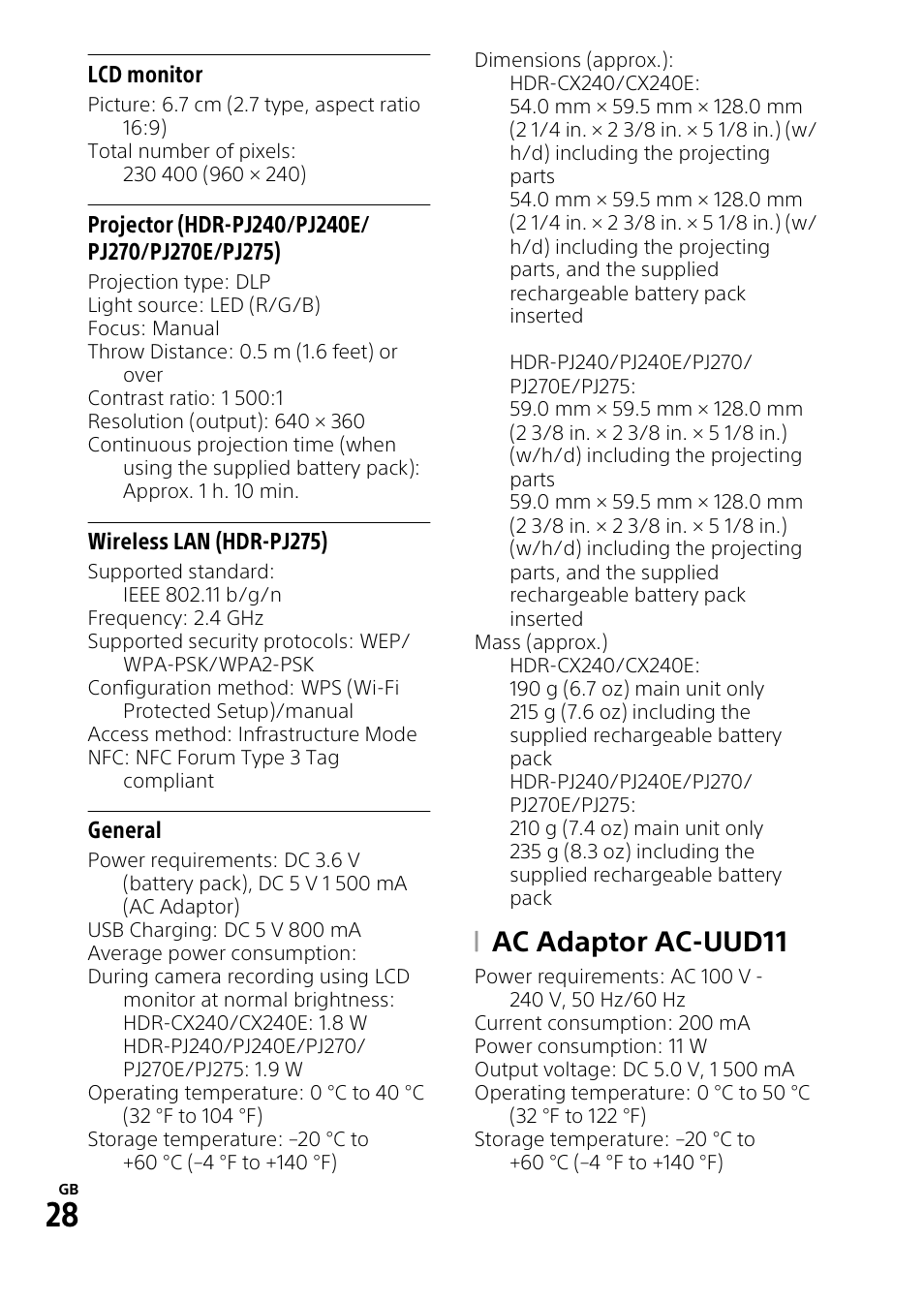 Ac adaptor ac-uud11 | Sony HDR-PJ275 User Manual | Page 28 / 32