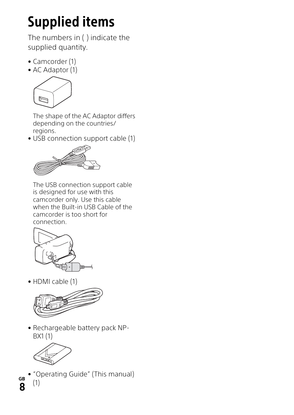 Getting started, Supplied items | Sony HDR-PJ275 User Manual | Page 8 / 32