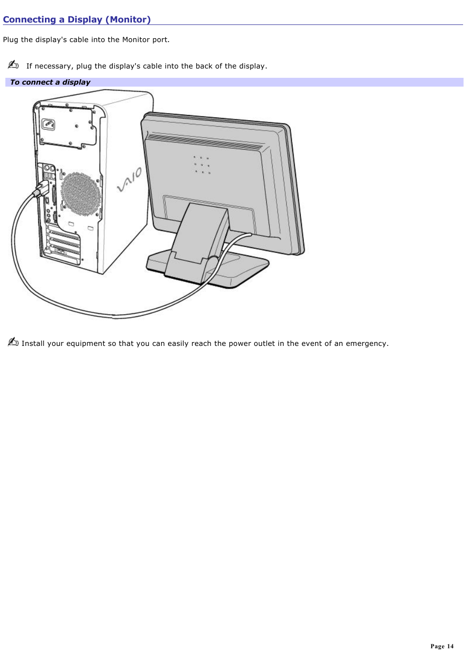 Connecting a display (monitor) | Sony PCV-RS221 User Manual | Page 14 / 114