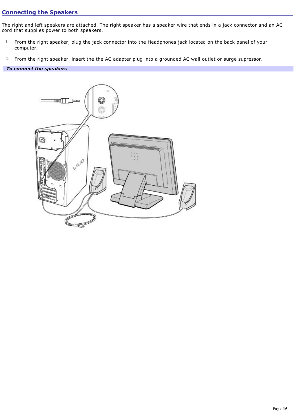 Connecting the speakers | Sony PCV-RS221 User Manual | Page 15 / 114