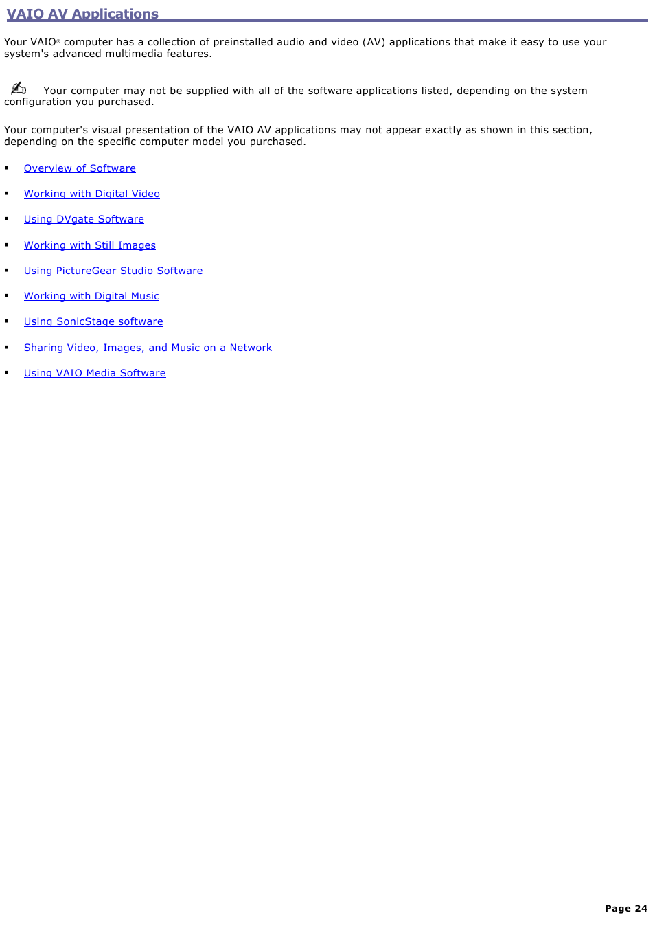 Vaio av applications | Sony PCV-RS221 User Manual | Page 24 / 114
