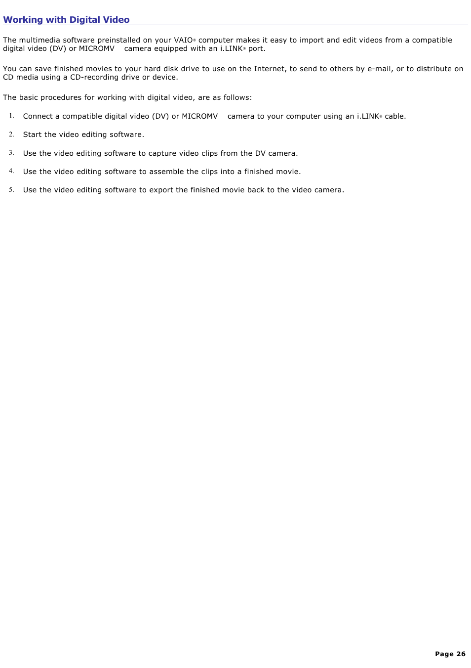 Working with digital video | Sony PCV-RS221 User Manual | Page 26 / 114