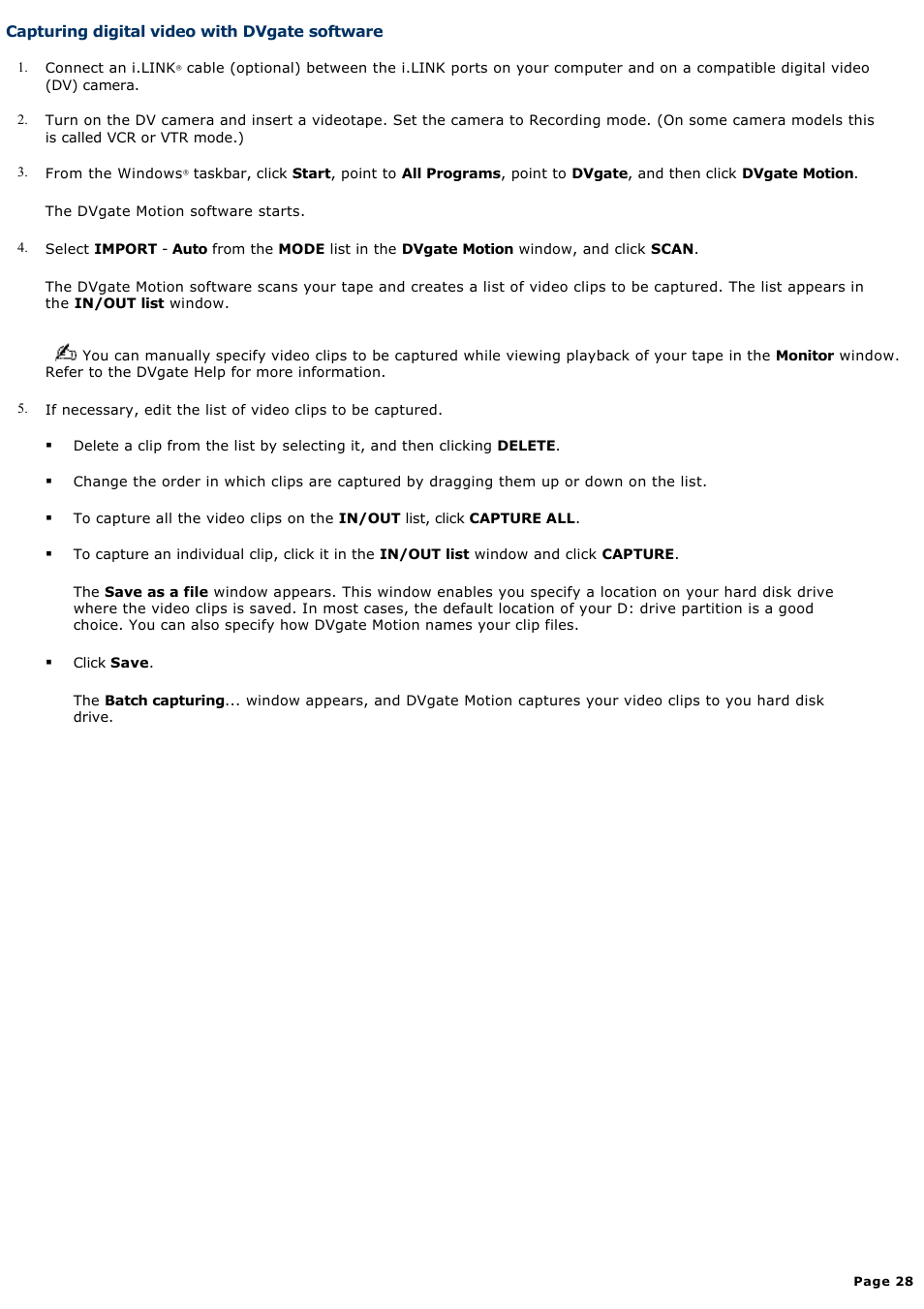 Capturing digital video with dvgate software | Sony PCV-RS221 User Manual | Page 28 / 114