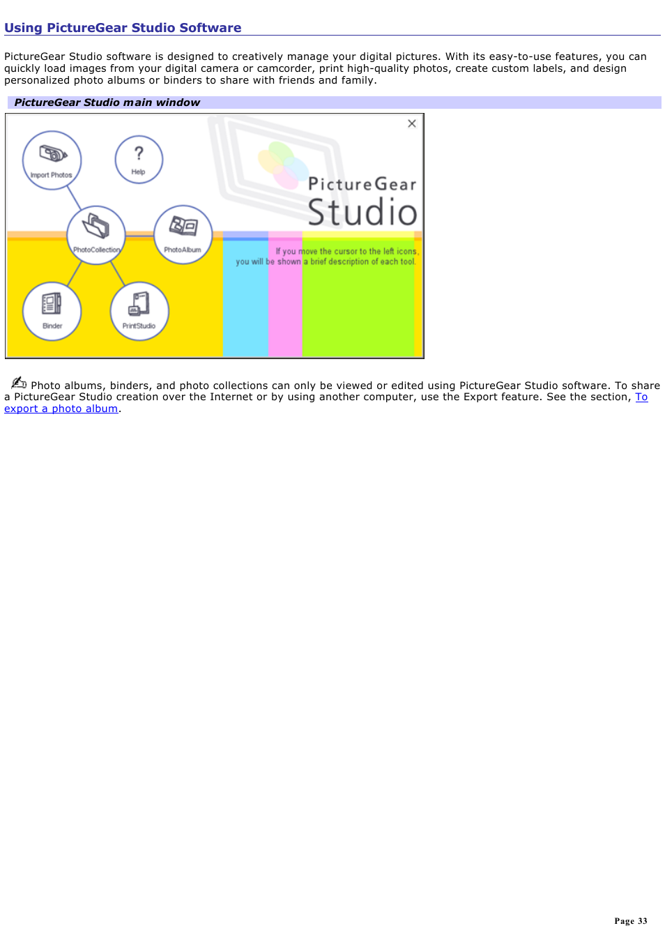 Using picturegear studio software | Sony PCV-RS221 User Manual | Page 33 / 114
