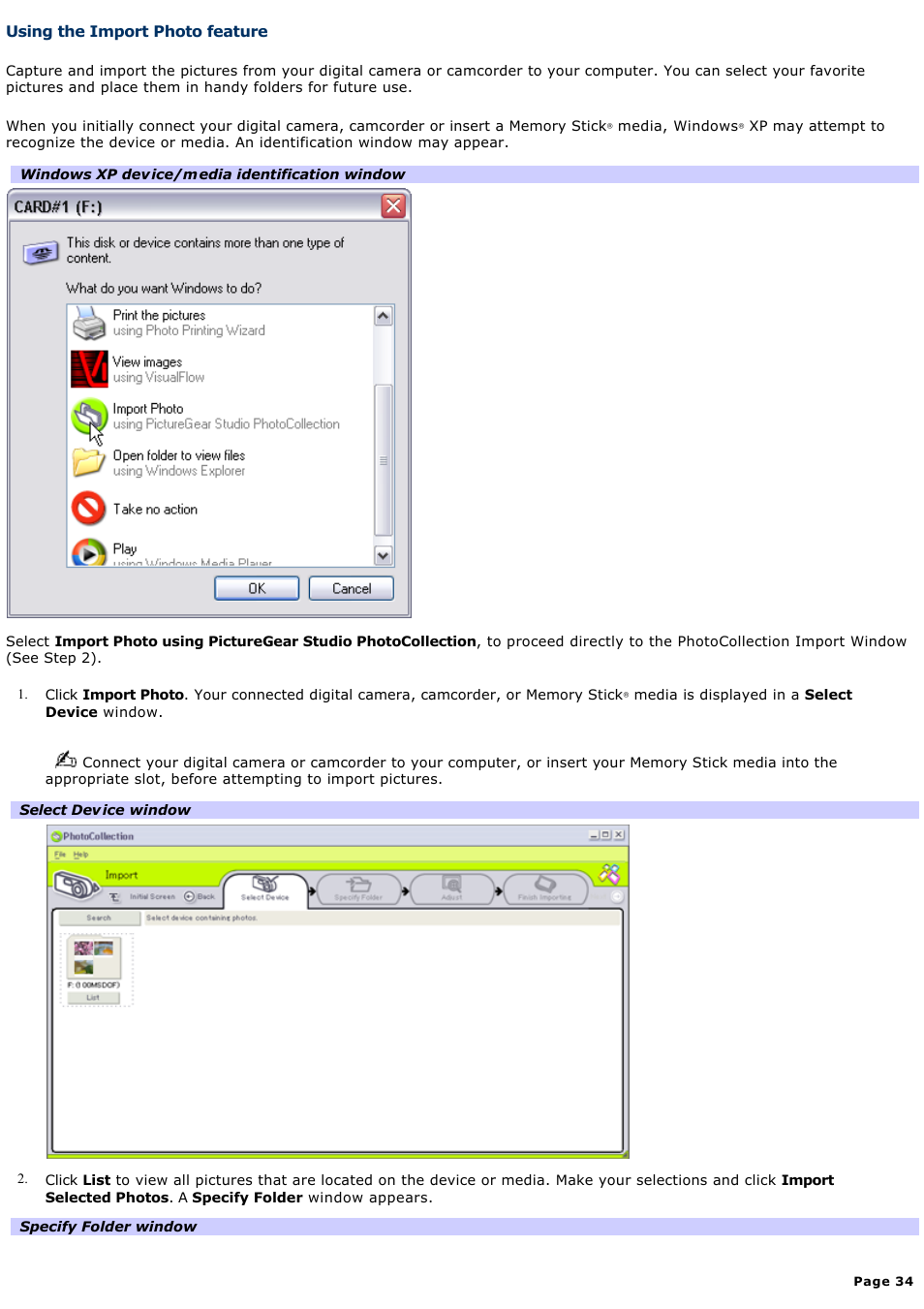 Using the import photo feature | Sony PCV-RS221 User Manual | Page 34 / 114