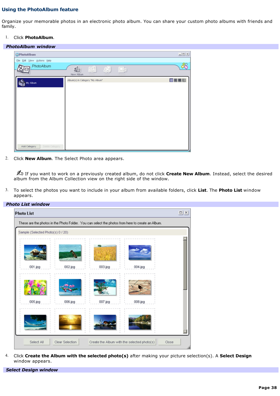 Using the photoalbum feature, Export a photo album | Sony PCV-RS221 User Manual | Page 38 / 114