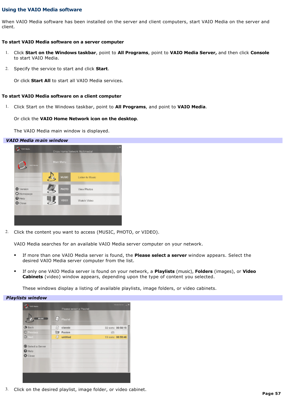 Using the vaio media software | Sony PCV-RS221 User Manual | Page 57 / 114