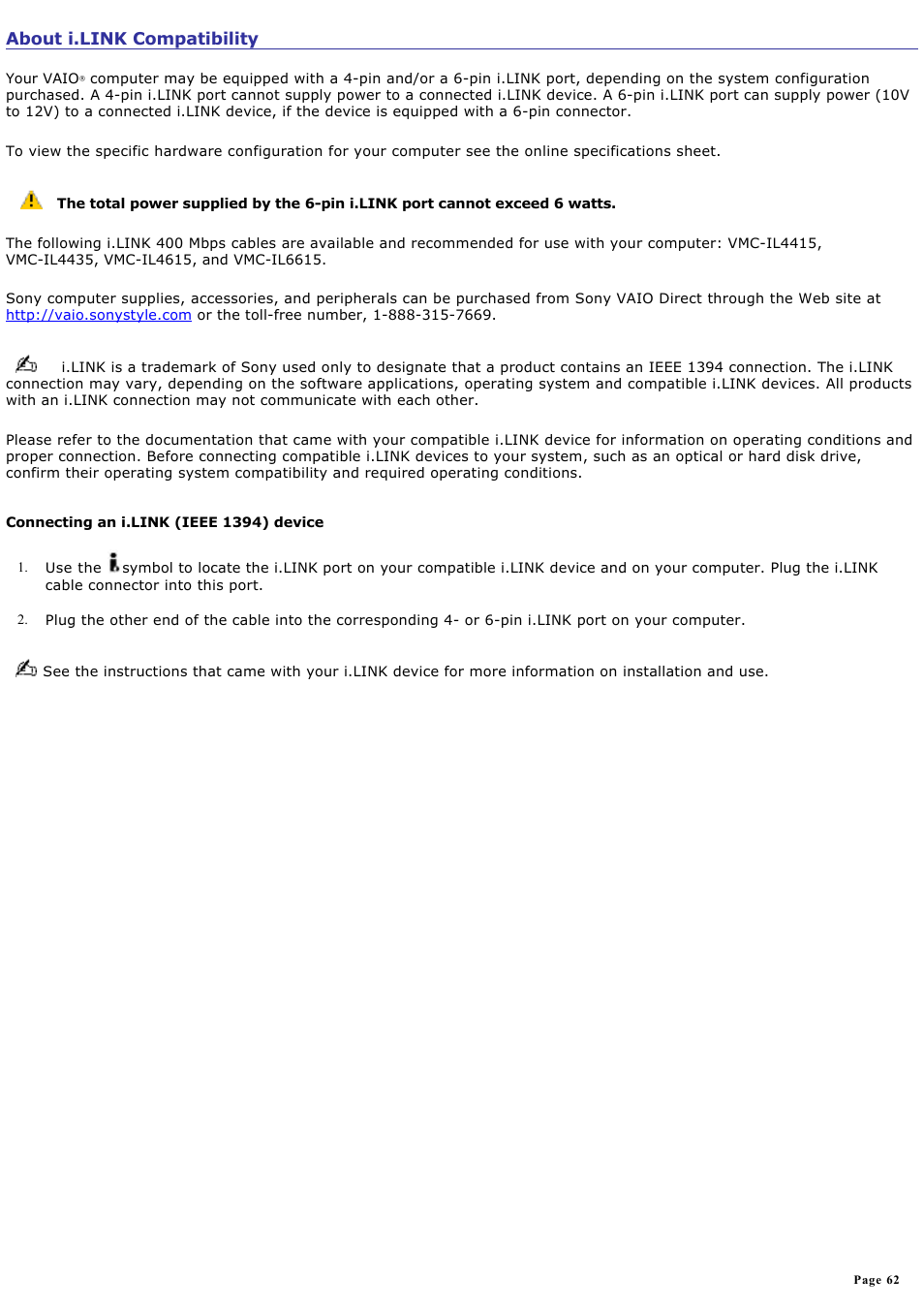 About i.link compatibility | Sony PCV-RS221 User Manual | Page 62 / 114