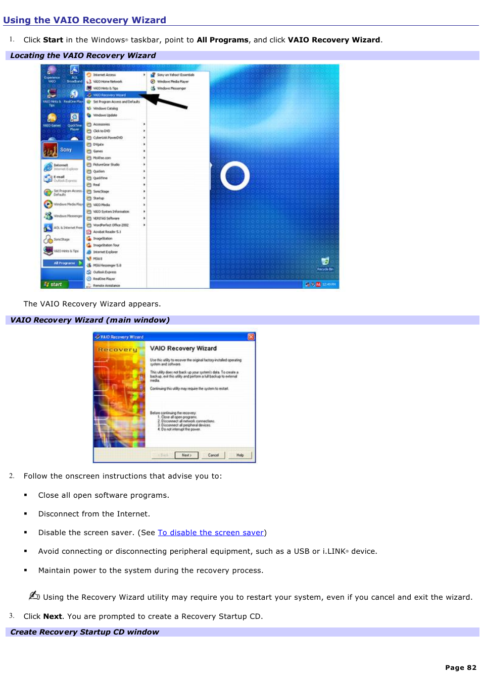 Using the vaio recovery wizard | Sony PCV-RS221 User Manual | Page 82 / 114