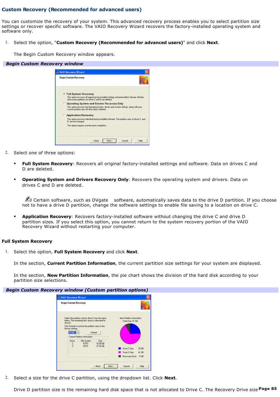 Custom recovery (recommended for advanced users) | Sony PCV-RS221 User Manual | Page 85 / 114