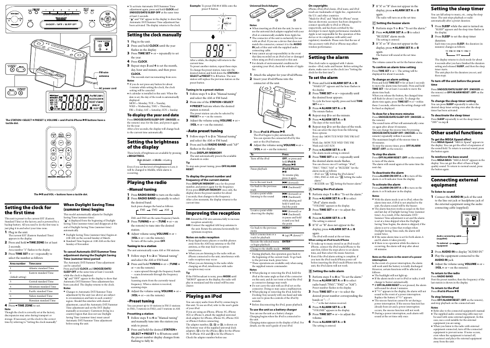 Setting the clock manually, Setting the brightness of the display, Playing the radio | Improving the reception, Playing an ipod, Setting the clock for the first time, Setting the alarm, Setting the sleep timer, Other useful functions, Connecting external equipment | Sony ICF-CS10IP User Manual | Page 2 / 2