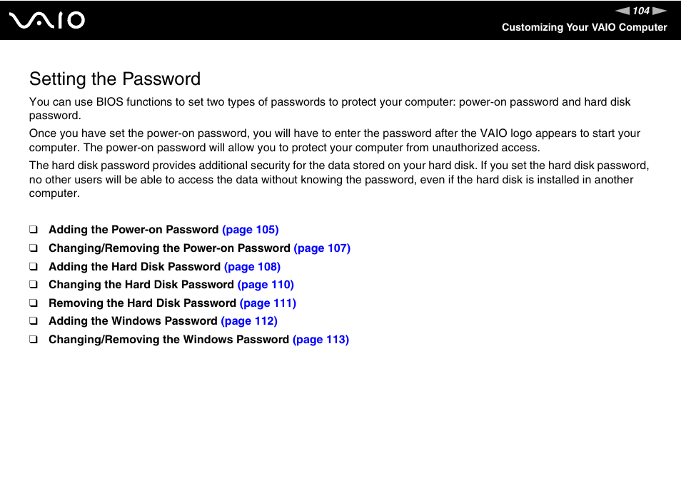 Setting the password | Sony VGN-SZ140 User Manual | Page 104 / 221