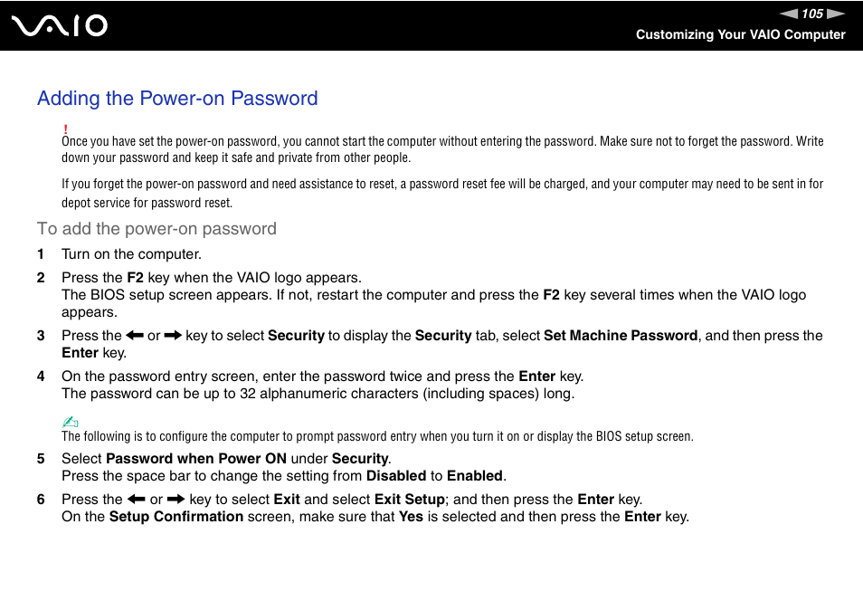 Adding the power-on password | Sony VGN-SZ140 User Manual | Page 105 / 221