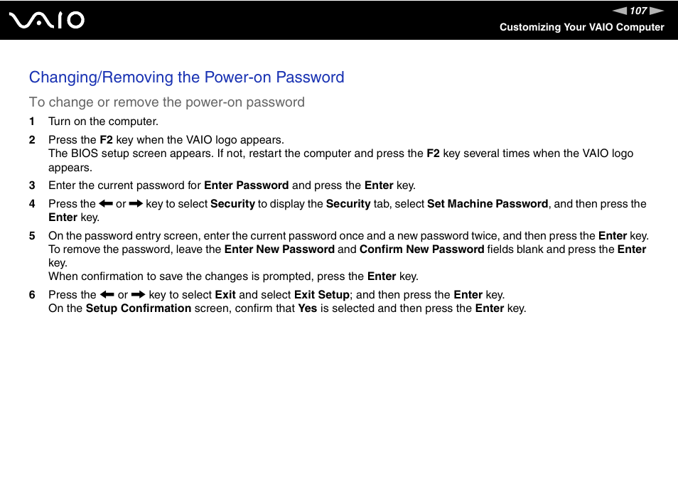 Changing/removing the power-on password | Sony VGN-SZ140 User Manual | Page 107 / 221