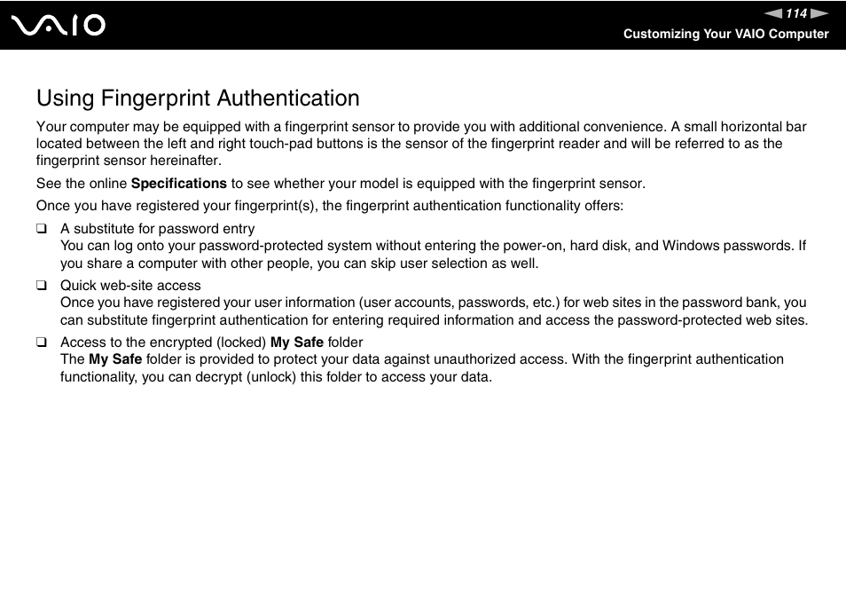 Using fingerprint authentication, Tion | Sony VGN-SZ140 User Manual | Page 114 / 221