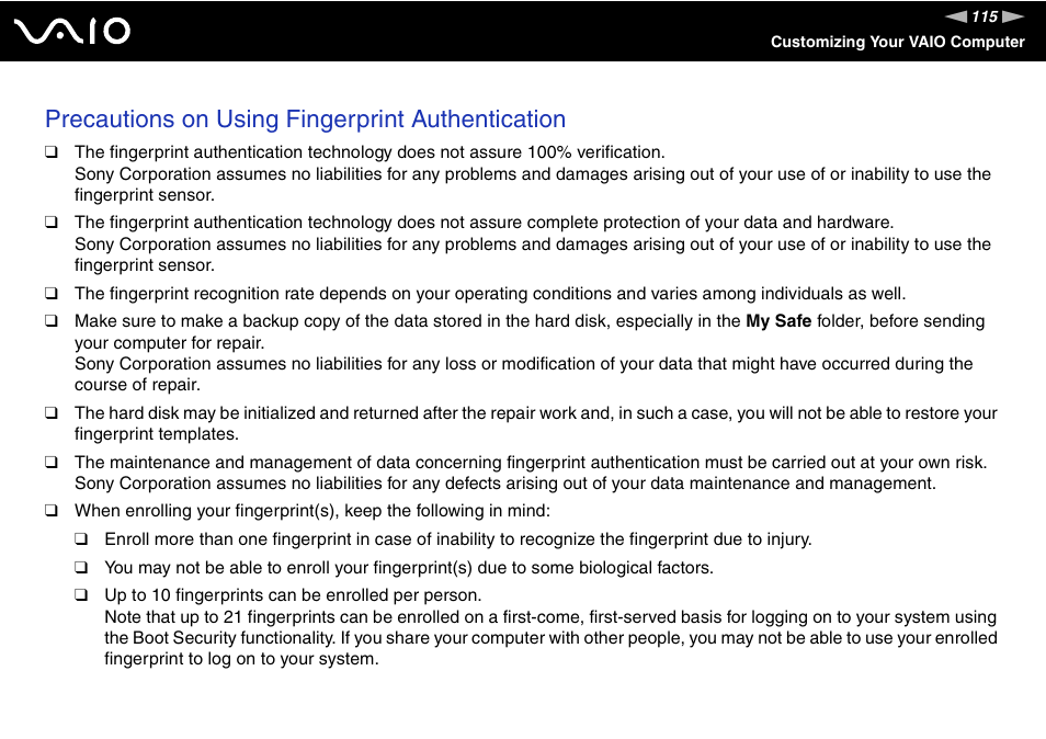 Precautions on using fingerprint authentication | Sony VGN-SZ140 User Manual | Page 115 / 221