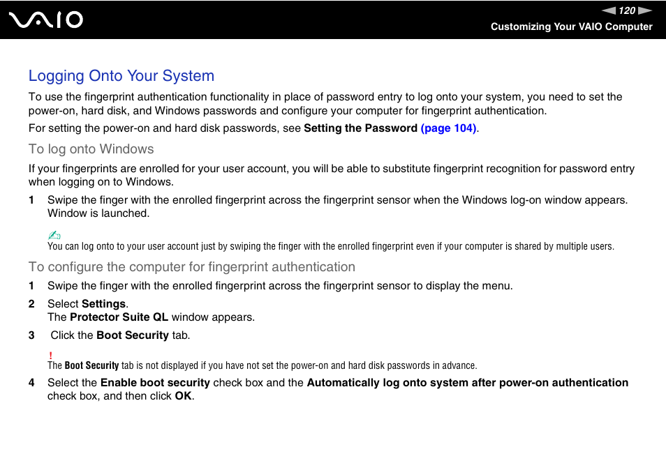 Logging onto your system | Sony VGN-SZ140 User Manual | Page 120 / 221