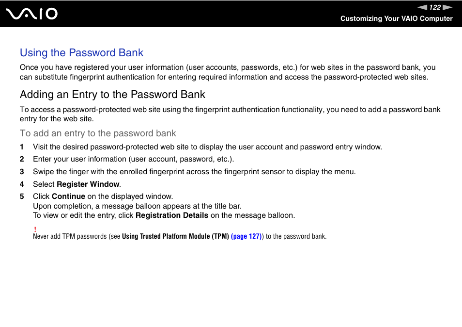 Using the password bank, Adding an entry to the password bank | Sony VGN-SZ140 User Manual | Page 122 / 221