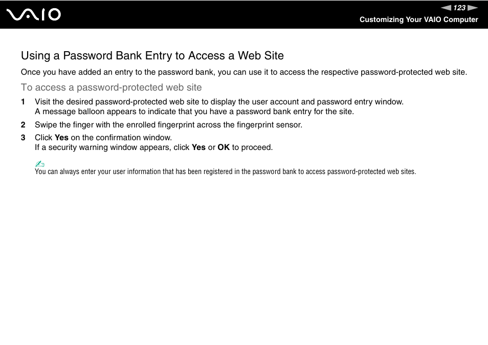 Using a password bank entry to access a web site | Sony VGN-SZ140 User Manual | Page 123 / 221