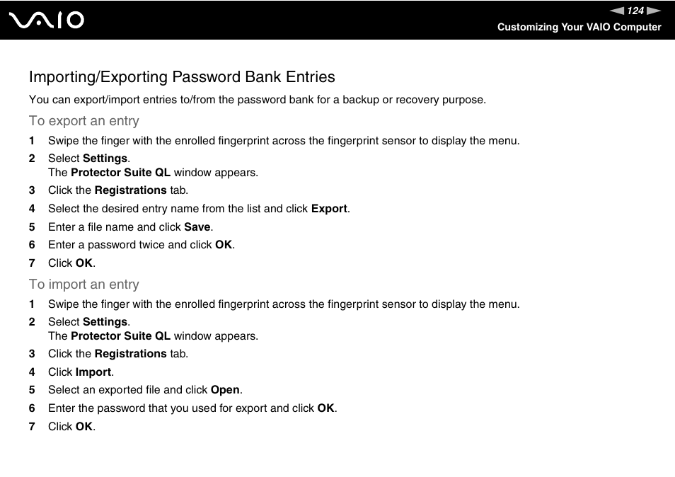 Importing/exporting password bank entries | Sony VGN-SZ140 User Manual | Page 124 / 221