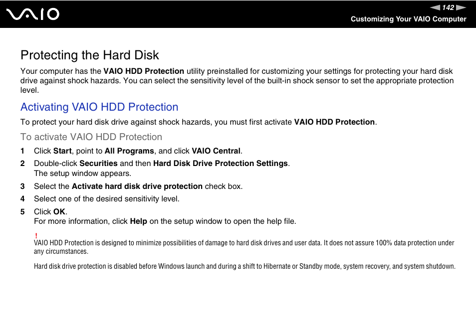 Protecting the hard disk, Activating vaio hdd protection | Sony VGN-SZ140 User Manual | Page 142 / 221