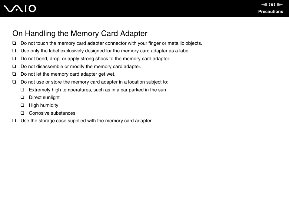 On handling the memory card adapter | Sony VGN-SZ140 User Manual | Page 161 / 221