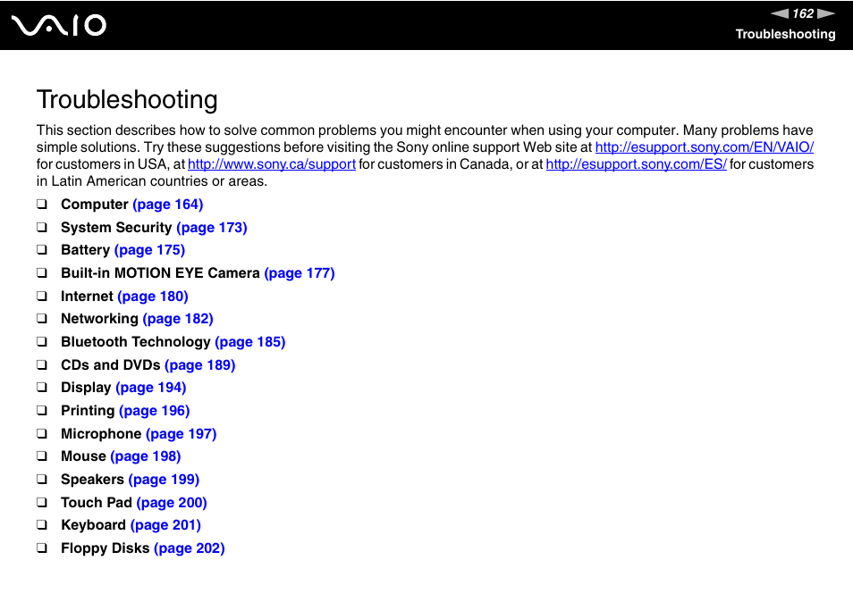 Troubleshooting | Sony VGN-SZ140 User Manual | Page 162 / 221