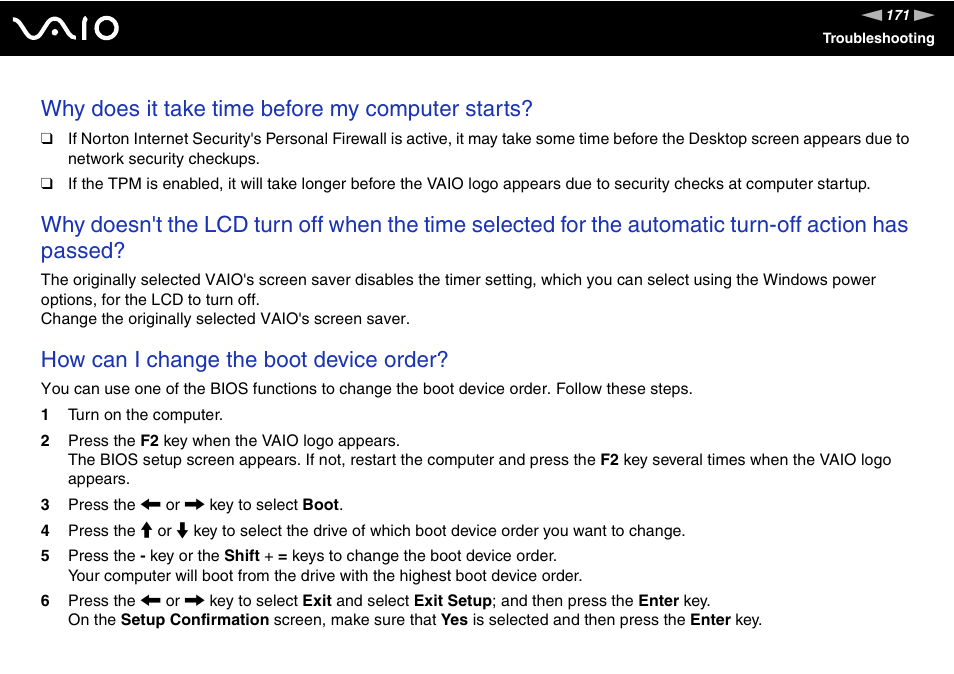 Why does it take time before my computer starts, How can i change the boot device order | Sony VGN-SZ140 User Manual | Page 171 / 221