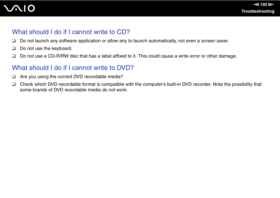 What should i do if i cannot write to cd, What should i do if i cannot write to dvd | Sony VGN-SZ140 User Manual | Page 192 / 221