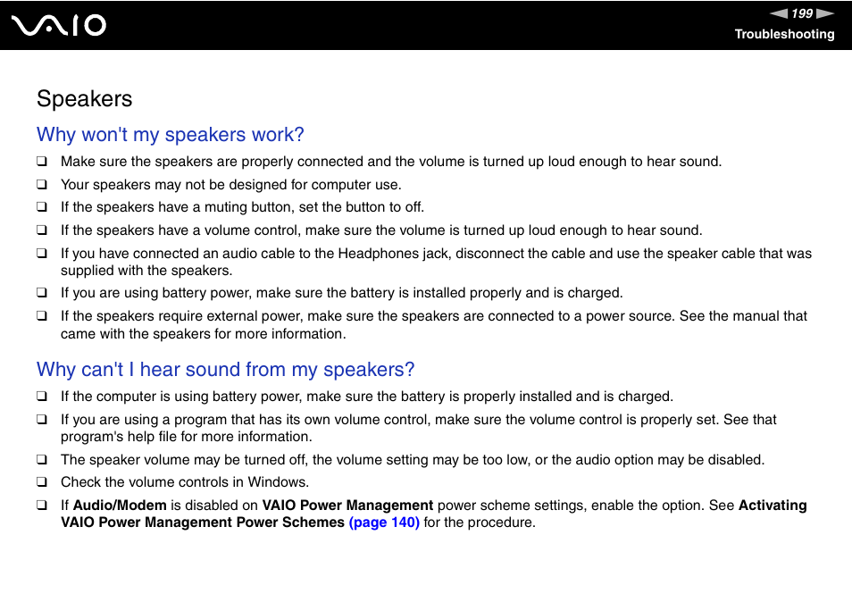 Speakers, Why won't my speakers work, Why can't i hear sound from my speakers | Sony VGN-SZ140 User Manual | Page 199 / 221