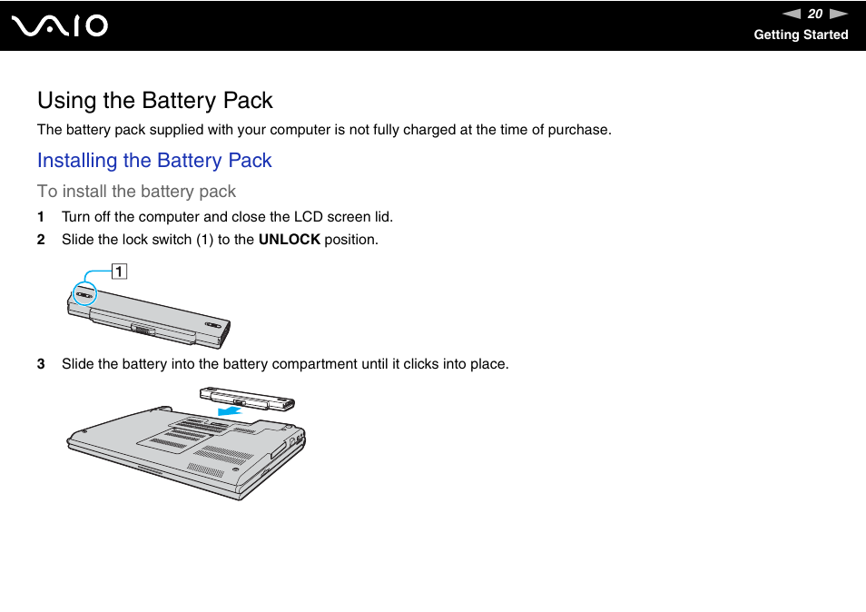 Using the battery pack, Installing the battery pack | Sony VGN-SZ140 User Manual | Page 20 / 221