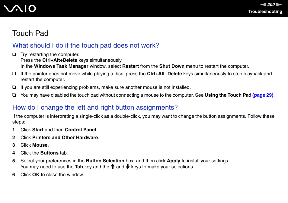 Touch pad, What should i do if the touch pad does not work | Sony VGN-SZ140 User Manual | Page 200 / 221